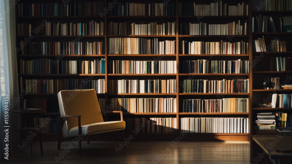 Modern minimalist home library with minimal shelves. Featuring a clean, open design with sleek lines Modern minimalist home library with minimal shelves. Featuring a clean, open design with sleek lines