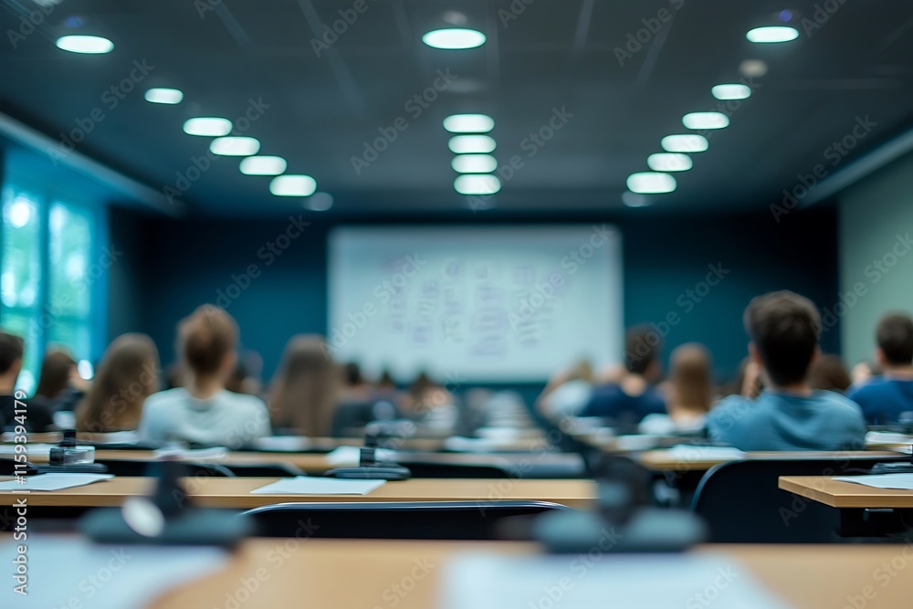 Fototapeta premium Blurred Students Sitting in a Blue University Classroom
