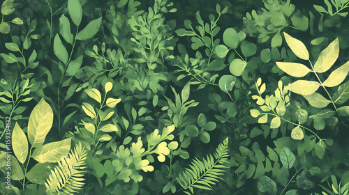 Layered green textures with ferns, moss, and ivy, botanical elements creating a dense, organic backdrop. Bracken. Illustration