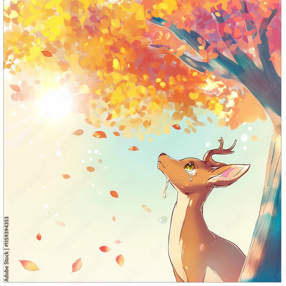 Naklejka premium Autumn's Embrace: A lone deer gazes upward beneath a radiant autumn tree, leaves gently falling around it, creating a serene and melancholic atmosphere.