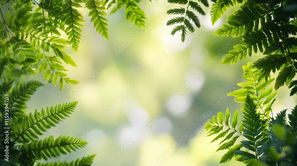 Naklejka premium Lush green leaves frame on light background. Bracken. Illustration