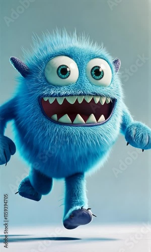 Playful Blue Furry Monster Running with Big Eyes and Sharp Teeth