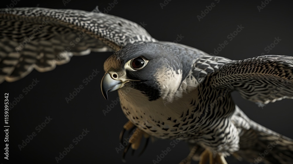 Obraz premium Falcon is flying in the air with its wings spread wide. The bird has a sharp beak and is looking down. Concept of freedom and power, as the falcon soars through the sky with grace