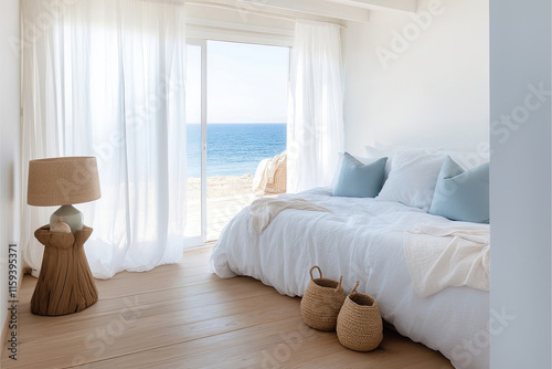 Gemütliches Strand-Schlafzimmer mit weißen Textilien und Meerblick