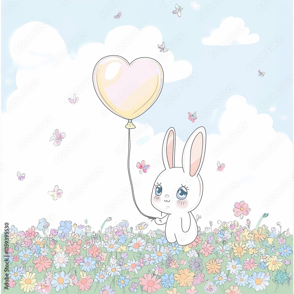 Sweet Dreams of Spring: A delicate bunny, with big eyes filled with wonder, holds a heart-shaped balloon in a whimsical meadow filled with wildflowers. The air is filled with butterflies. Sweet Dreams of Spring: A delicate bunny, with big eyes filled with wonder, holds a heart-shaped balloon in a whimsical meadow filled with wildflowers. The air is filled with butterflies.