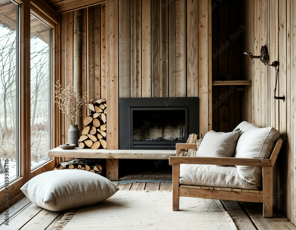 custom made wallpaper toronto digitalCozy Cabin Retreat: Rustic wooden interior design with a fireplace, comfortable armchair, and large windows offering stunning views. Perfect for relaxation and tranquility. 