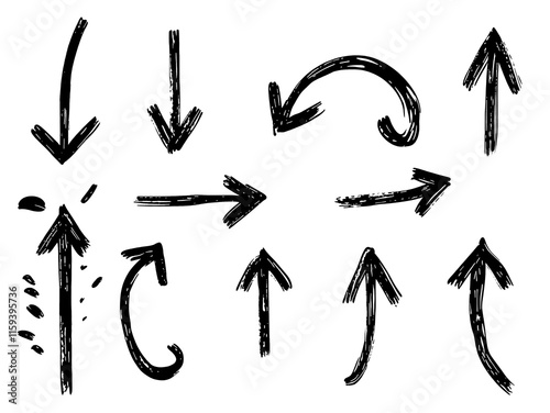 Black Brush, marker drawn bold arrows set. Collection of hand drawn doodle thick arrows in different directions. isolated over transparent background PNG cut-out