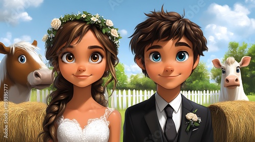 Cartoon bride and groom with farm animals.
