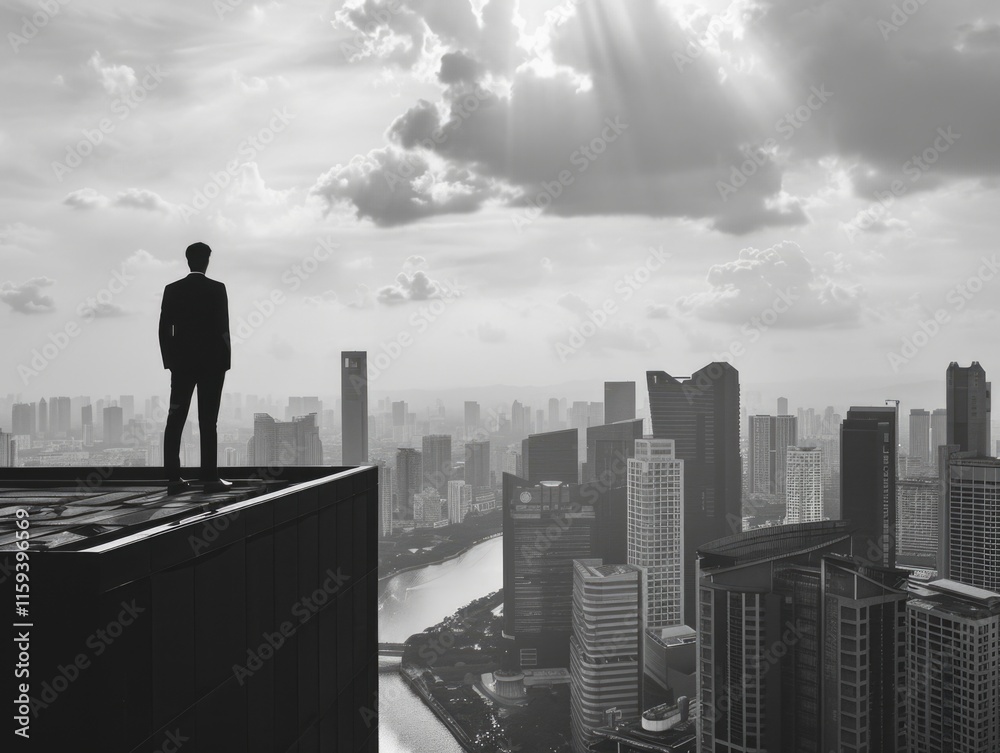 A solitary figure stands on a high-rise rooftop, silhouetted against the bustling cityscape below. In a moment of reflection amidst urban life. A solitary figure stands on a high-rise rooftop, silhouetted against the bustling cityscape below. In a moment of reflection amidst urban life.