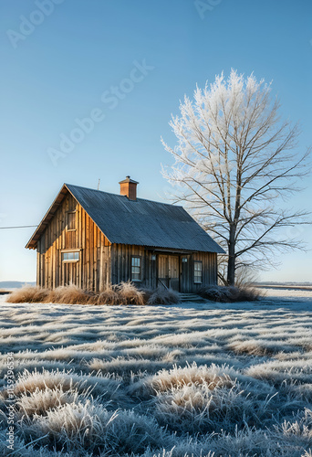 Winter's Embrace: A rustic wooden cabin stands solitary in a frost-covered field, a stark, leafless tree its only companion under a clear winter sky. photo