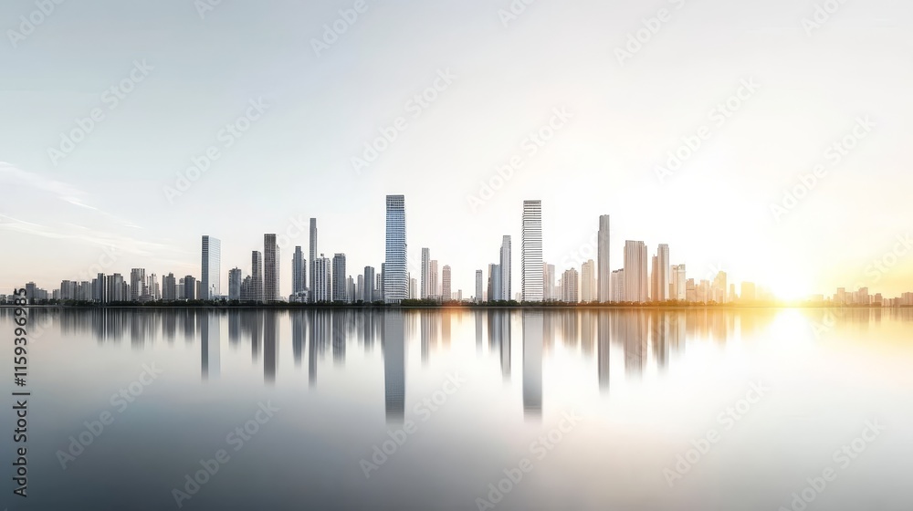 Fototapeta premium Modern city skyline reflected in calm waters during a serene sunset, showcasing tall buildings and urban architecture against a clear sky