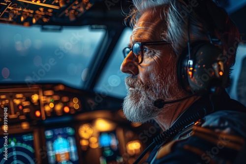 Close-up of an experienced pilot focused on flying a commercial aircraft in a high-tech cockpit at night. photo