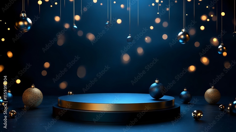 Elegant 3D Holiday Christmas Showcase on Blue Background with Decorative Ornaments Elegant 3D Holiday Christmas Showcase on Blue Background with Decorative Ornaments