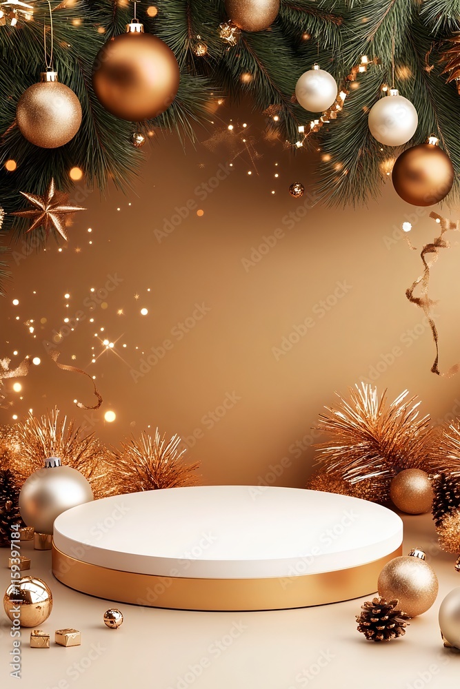 Elegant Christmas Podium Display with Festive Ornaments and for Premium Product Showcase Elegant Christmas Podium Display with Festive Ornaments and for Premium Product Showcase