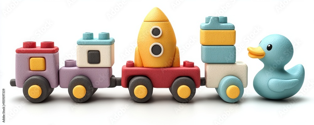 Colorful 3D icons of toy train, rocket, and rubber duck Colorful 3D icons of toy train, rocket, and rubber duck