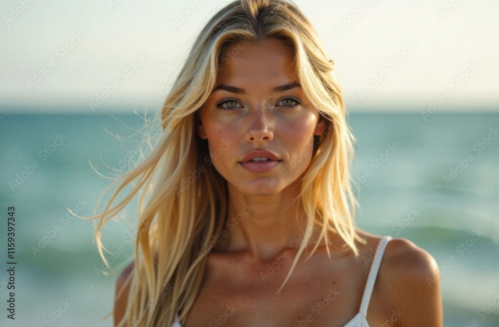 Blonde Woman in Summer Dress by a Serene Lake Blonde Woman in Summer Dress by a Serene Lake
