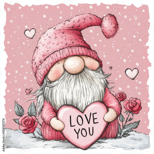 Cartoon style illustration of an cute adorable dwarf or gnome holding a heart. Valentine's day banner. I love you greeting card template