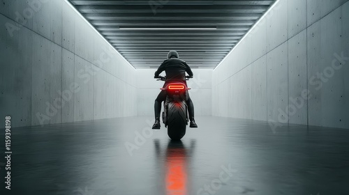 Wallpaper Mural A sleek modern motorcycle parked in a minimalist garage setting, illuminated by soft ambient light highlighting the concrete walls and reflective floor. Torontodigital.ca