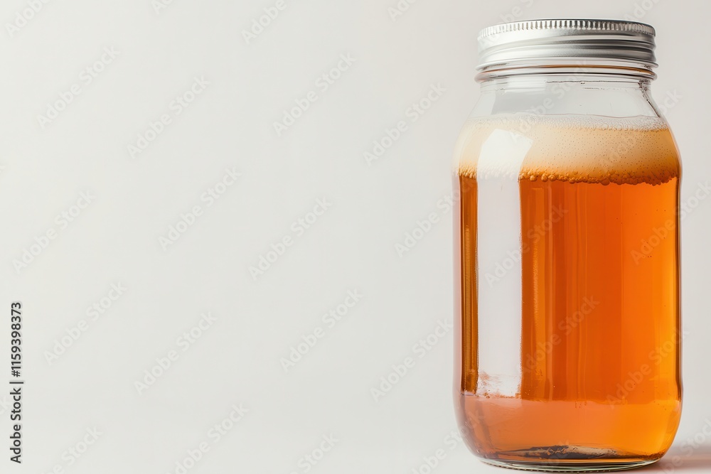 Brewing kombucha tea home kitchen beverage photography natural light close-up Brewing kombucha tea home kitchen beverage photography natural light close-up