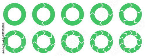 Set of green circular arrow icons showing process flow from simple loop to complex cycle. Ideal for business infographics, timelines, workflow steps, and cycle diagrams.