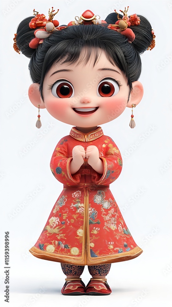 Delightful Chinese Girl in Traditional Red Tang Costume Happily Laughs with Crescent Eyes Delightful Chinese Girl in Traditional Red Tang Costume Happily Laughs with Crescent Eyes