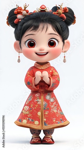 Delightful Chinese Girl in Traditional Red Tang Costume Happily Laughs with Crescent Eyes photo