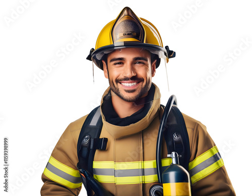 A smiling firefighter wearing a yellow helmet and a yellow jacket