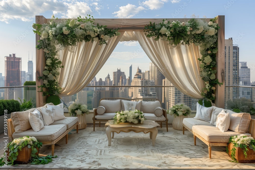 Obraz premium Elegant rooftop lounge with floral decor and city skyline, perfect for events and relaxation.