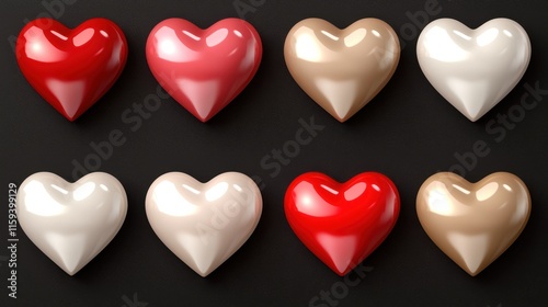 Colorful Glossy Hearts Arrangement on Dark Background