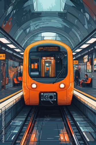 Cartoon style subway train approaching an empty platform
