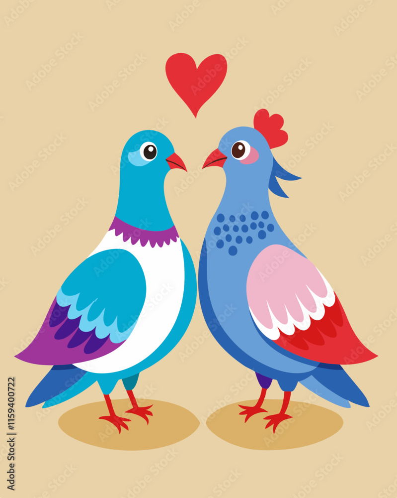 Romantic Valentine's Day Illustration of Two Lovebirds with Heart on Beige Background. Romantic Valentine's Day Illustration of Two Lovebirds with Heart on Beige Background.