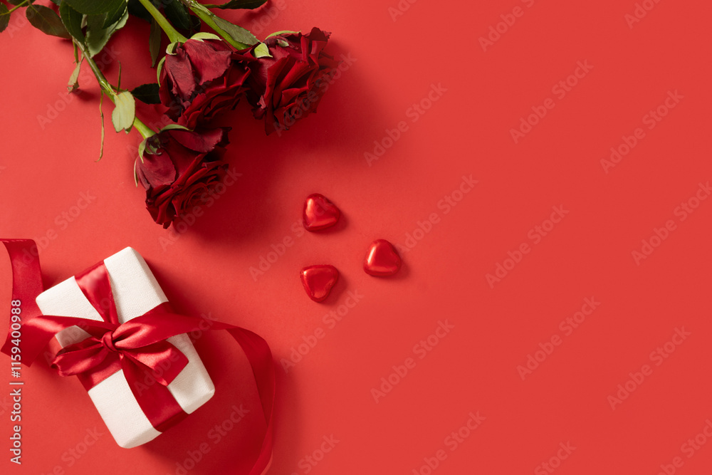 Valentine's day romantic gift, bouquet of red roses and heart shaped chocolate sweets on red background. View from above. Romantic greeting card. Copy space.