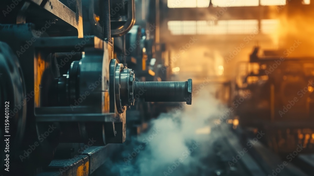 A macro shot of heavyduty machinery operating in a factory with steam and mechanical sounds in the background emphasizing the power of local manufacturing. A macro shot of heavyduty machinery operating in a factory with steam and mechanical sounds in the background emphasizing the power of local manufacturing.