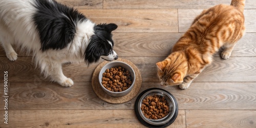 Dog and cat eating together from bowls on wooden floor top view