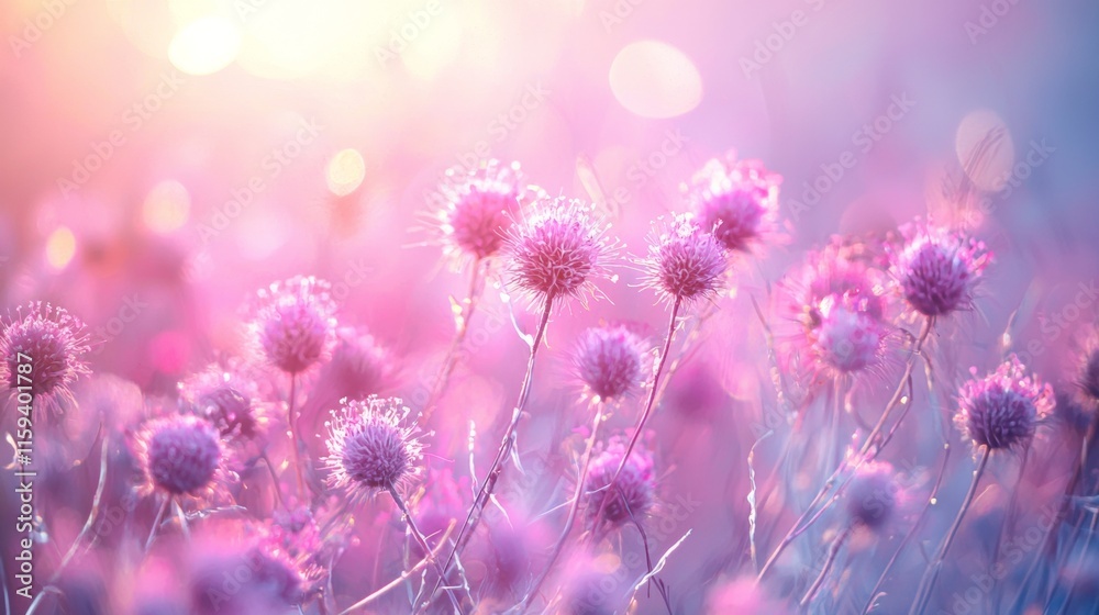 Obraz premium Close-up of purple wildflowers in soft morning light