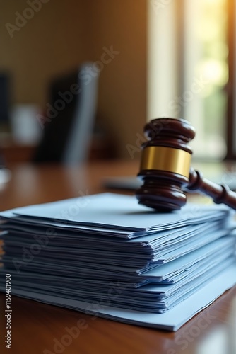 Photo realistic Wooden Gavel with Gold Band Resting on Stacked Blue and White Papers – Professional Office Vibes with Warm Natural Lighting