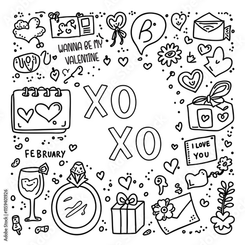 Valentines Day patch badges set. Love symbols doodles. Romantic elements collection. Hand drawn effect. Vector illustration for web design or printed products.