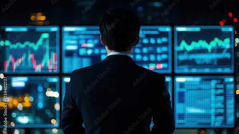 Businessman analyzing financial data from multiple banks via an open banking platform, techdriven financial management