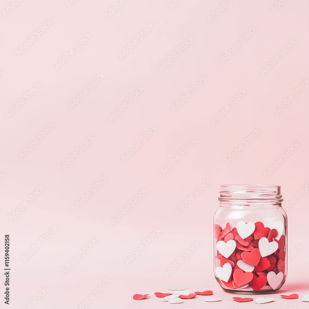 Glass jar full of heart shaped confetti on pink background. Valentines background. Love banner Glass jar full of heart shaped confetti on pink background. Valentines background. Love banner