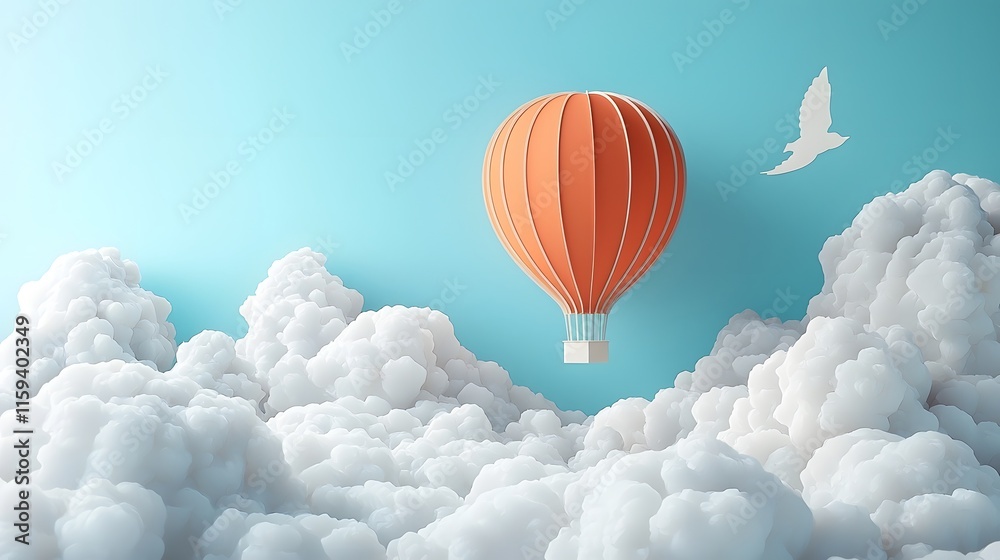 Fototapeta premium Captivating Hot Air Balloon Floating Amidst Wispy Clouds in Papercut Style Backdrop