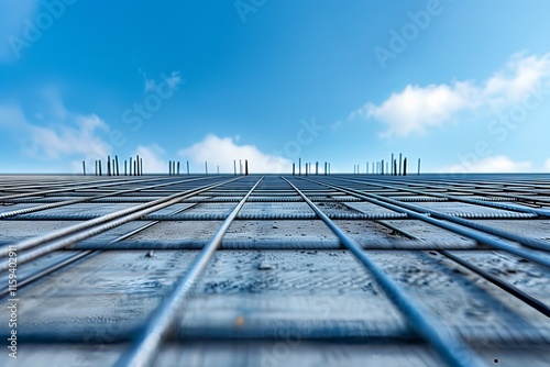 Perspective view of a construction site showcasing steel structure against a clear blue sky, symbolizing progress.