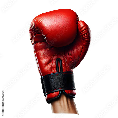 A single, red boxing glove with a black wrist strap stands on a black background, ready for a knockout.