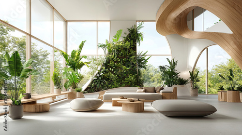 Biophiles Wohnzimmer mit vertikalem Garten und moderner Holzmöblierung