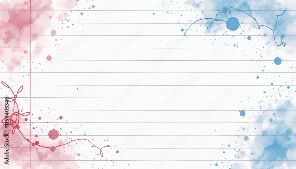 Styled lined paper with pink and blue watercolor splashes and decorative elements Styled lined paper with pink and blue watercolor splashes and decorative elements