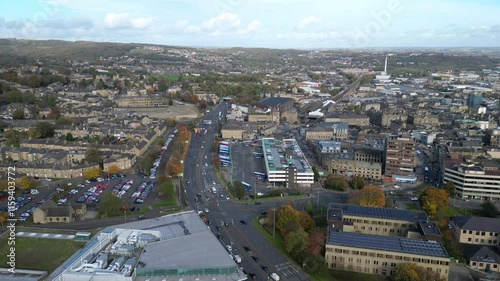 Aerial time-lapse footage of the traffic in the town of Huddersfield in West Yorkshire, England, UK photo