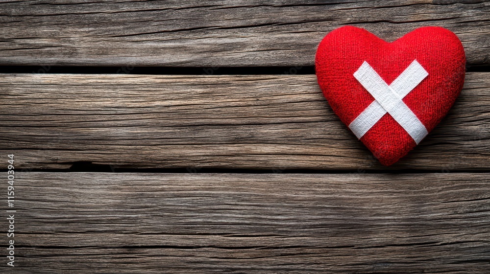 Fototapeta premium Red Heart with Bandage on Rustic Wooden Surface for Healing Themes