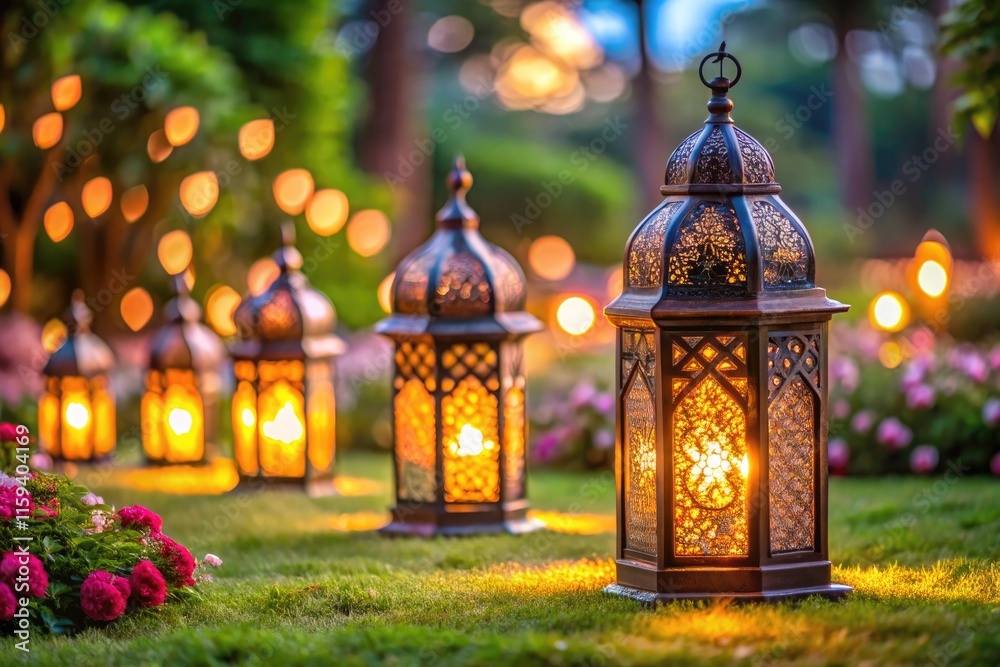 Lanterns glowing in a beautiful garden during Islam Lanterns glowing in a beautiful garden during Islam