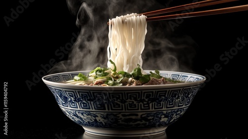 The Pho is served in a bowl with traditional and steam is rising from the soup, that it is still hot. The contents of the pho are clearly visible, including white, translucent pho noodles, cilantro