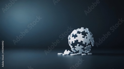 Abstract representation of a globe made of white puzzle pieces on a dark surface, symbolizing global connections, unity, and problem-solving in a creative way.