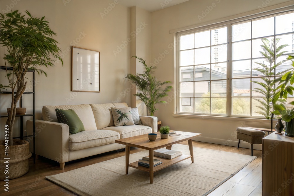 Fototapeta premium Beige Living Room with Plants and Large Window